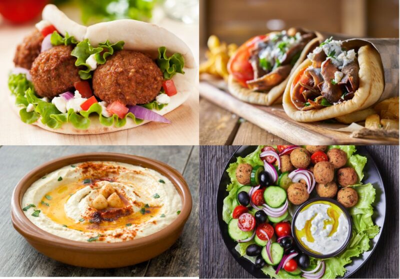 A collage of different types of food, including Arabic Cuisine with Sahar and falafel.
